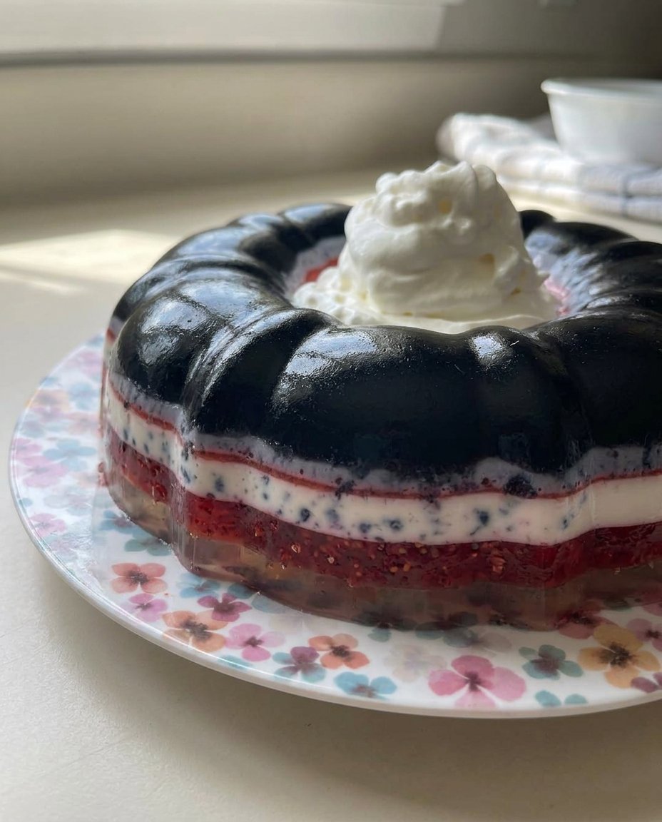 A slice of strawberry jello cake showing clear red and white layers with fruit inside