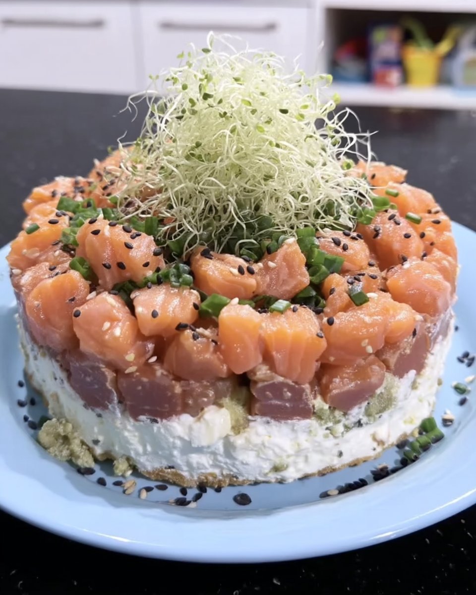 A single slice of sushi cake showing the internal layers