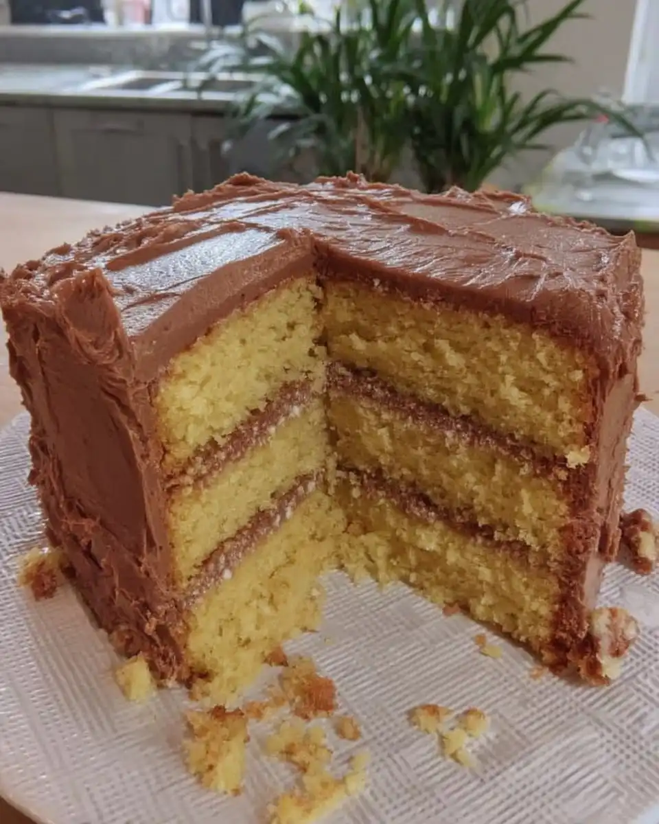 A single slice of yellow cake showing the soft interior crumb and chocolate layers