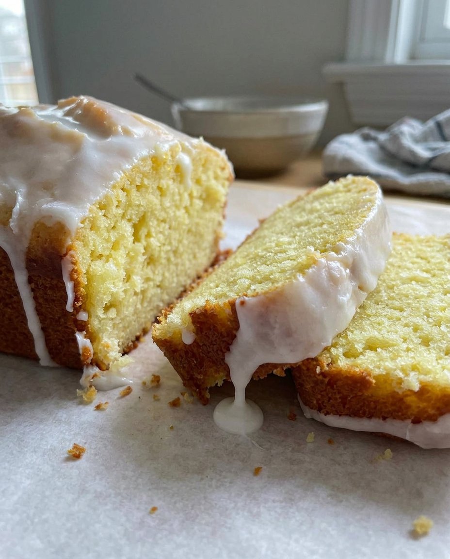 A knife cutting a thick slice of iced lemon pound cake