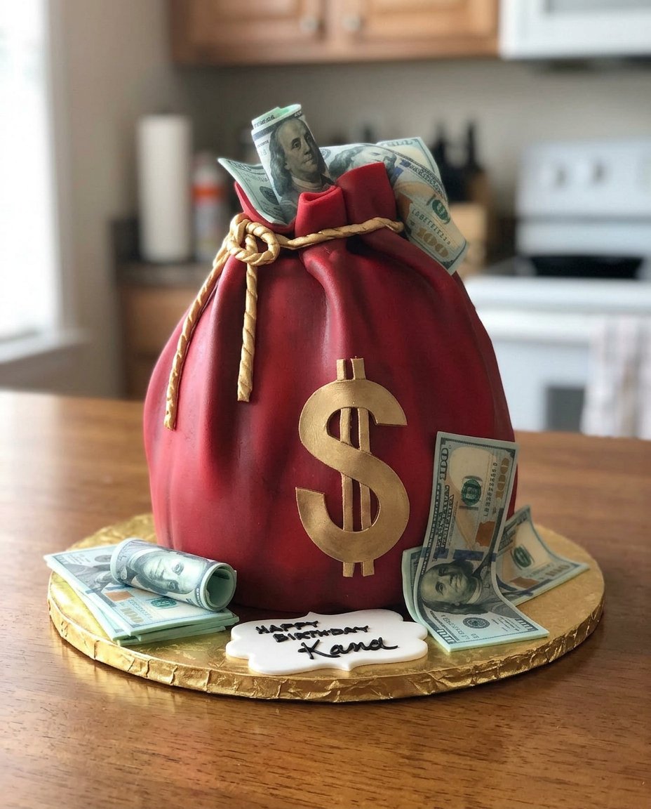 A slice of chocolate peanut butter cake on a plate with the money tube visible in the center