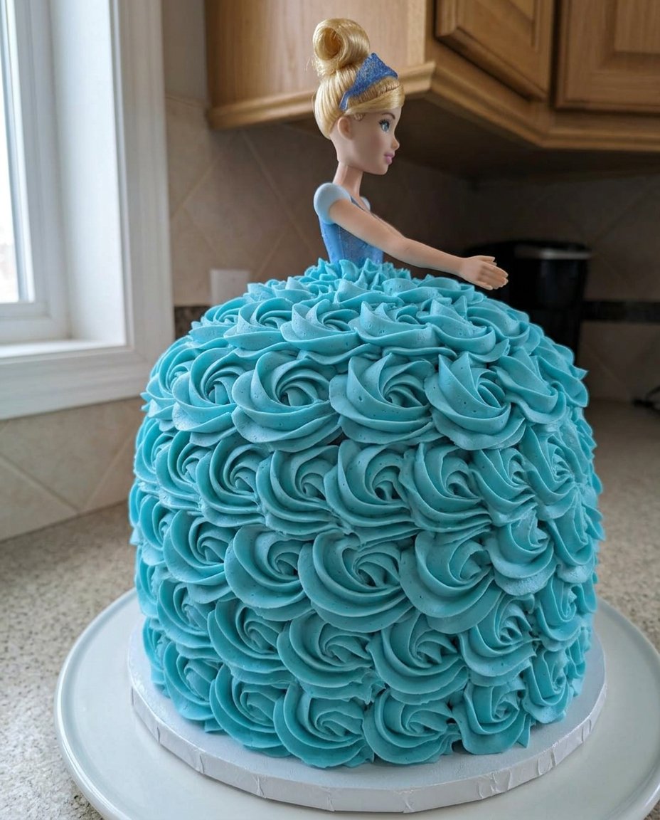 A slice being taken from the Cinderella doll cake