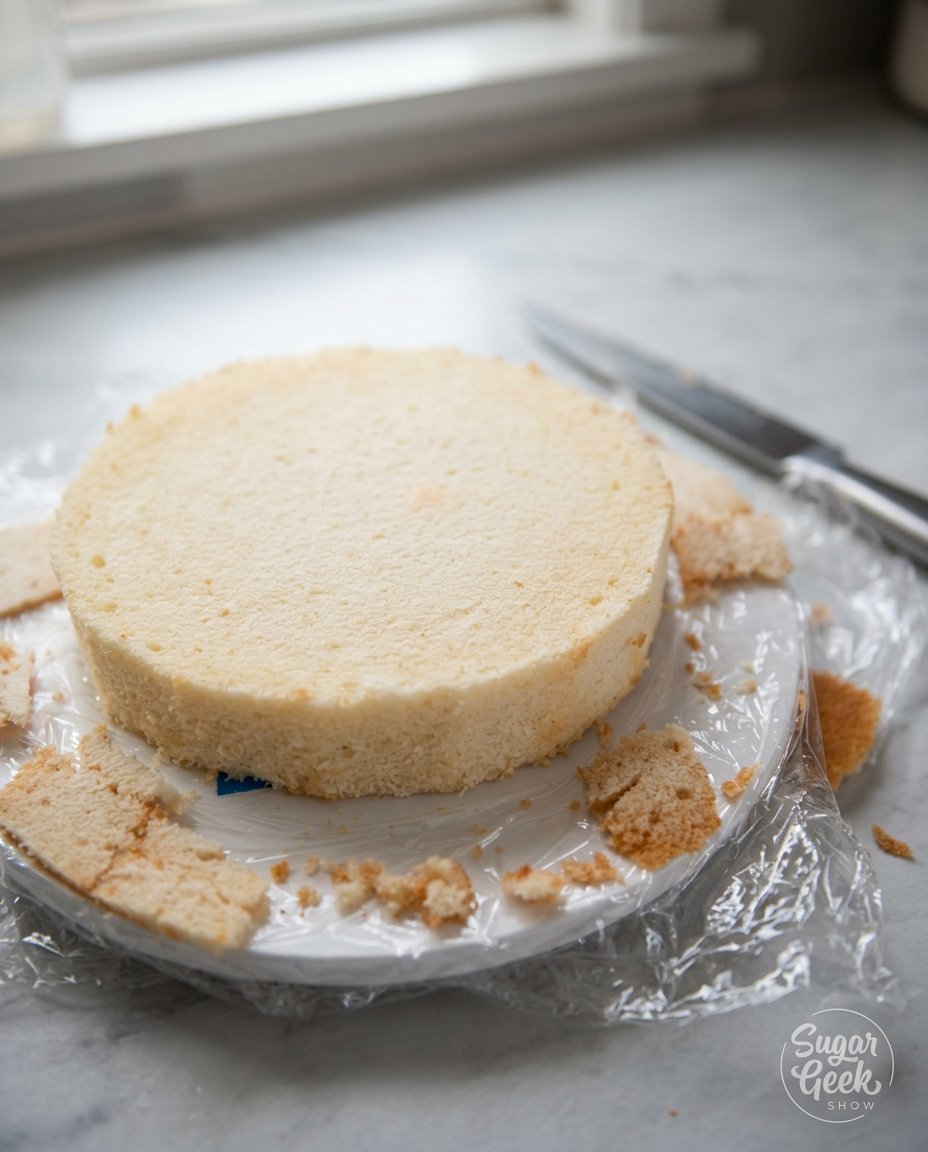 A spatula smoothing white buttercream frosting on the side of a cake.