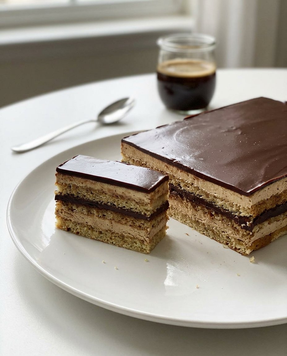 A hand using an offset spatula to spread silky coffee buttercream onto an almond sponge cake layer