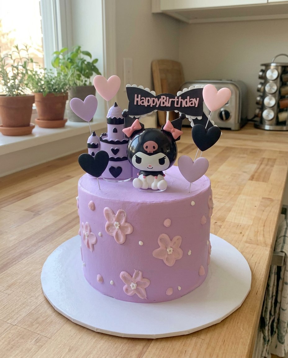 Kuromi Cake Design 12 Eggs, sugar, flour, and baking powder arranged on a kitchen counter