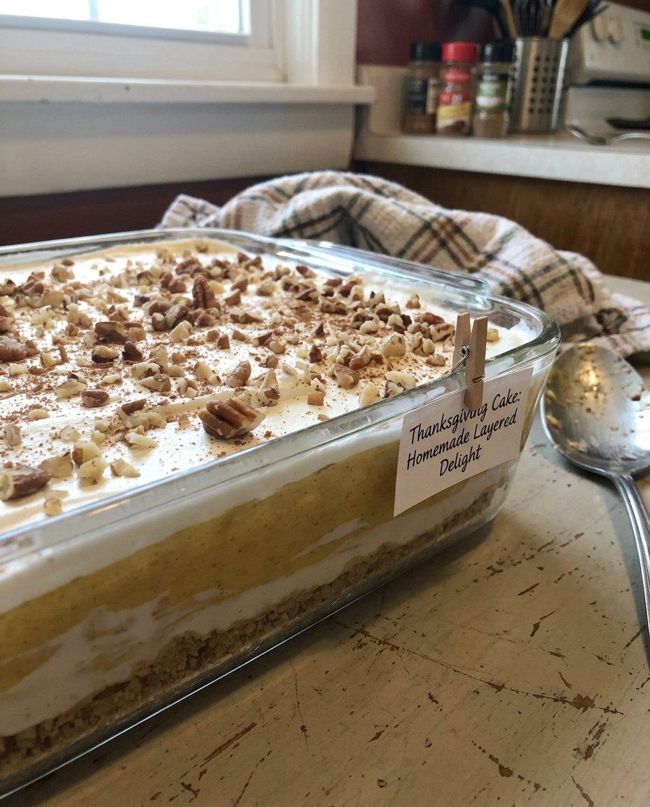 Thanksgiving Cake 13 Spreading white whipped topping over a pumpkin cake layer