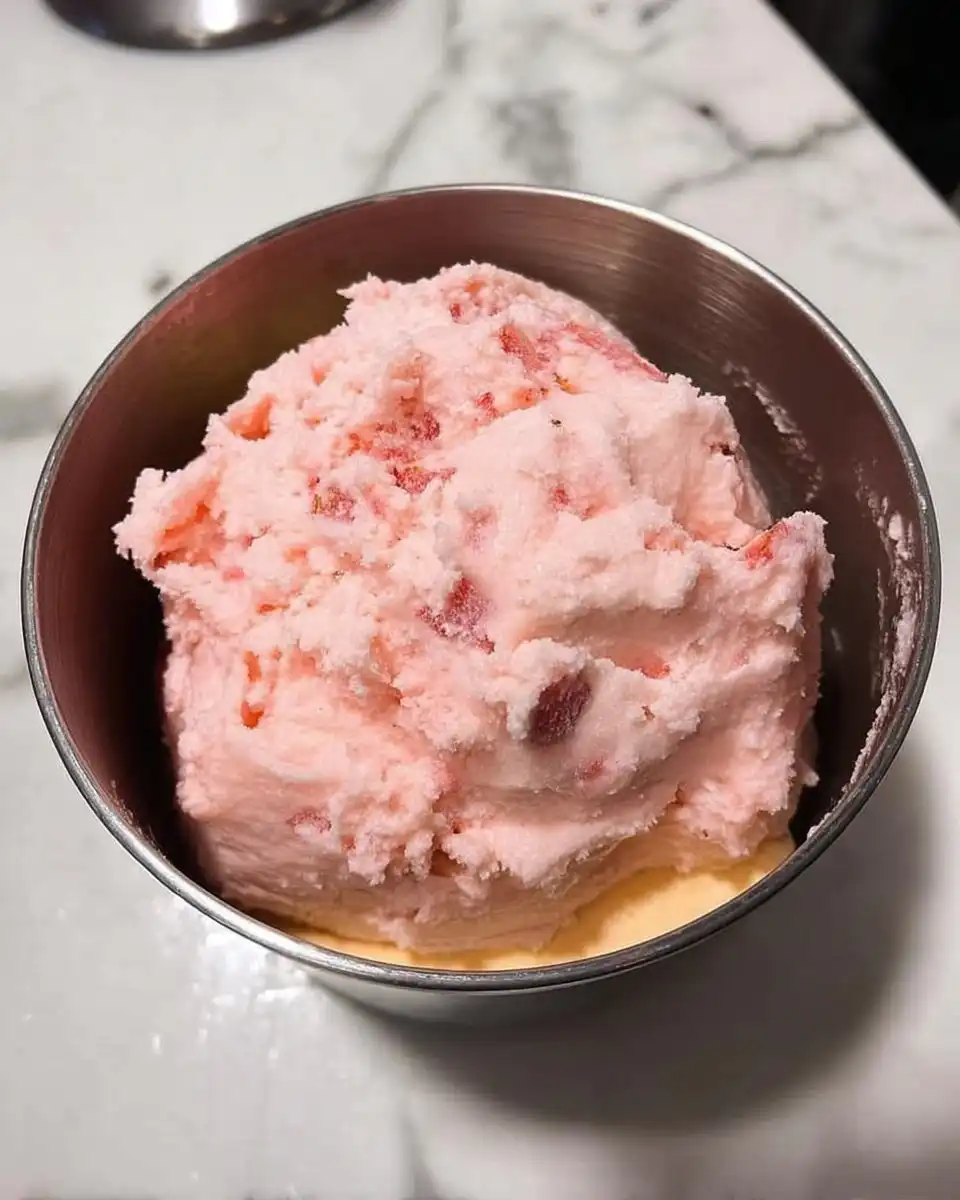 Pink strawberry cake batter smoothed into two round baking pans