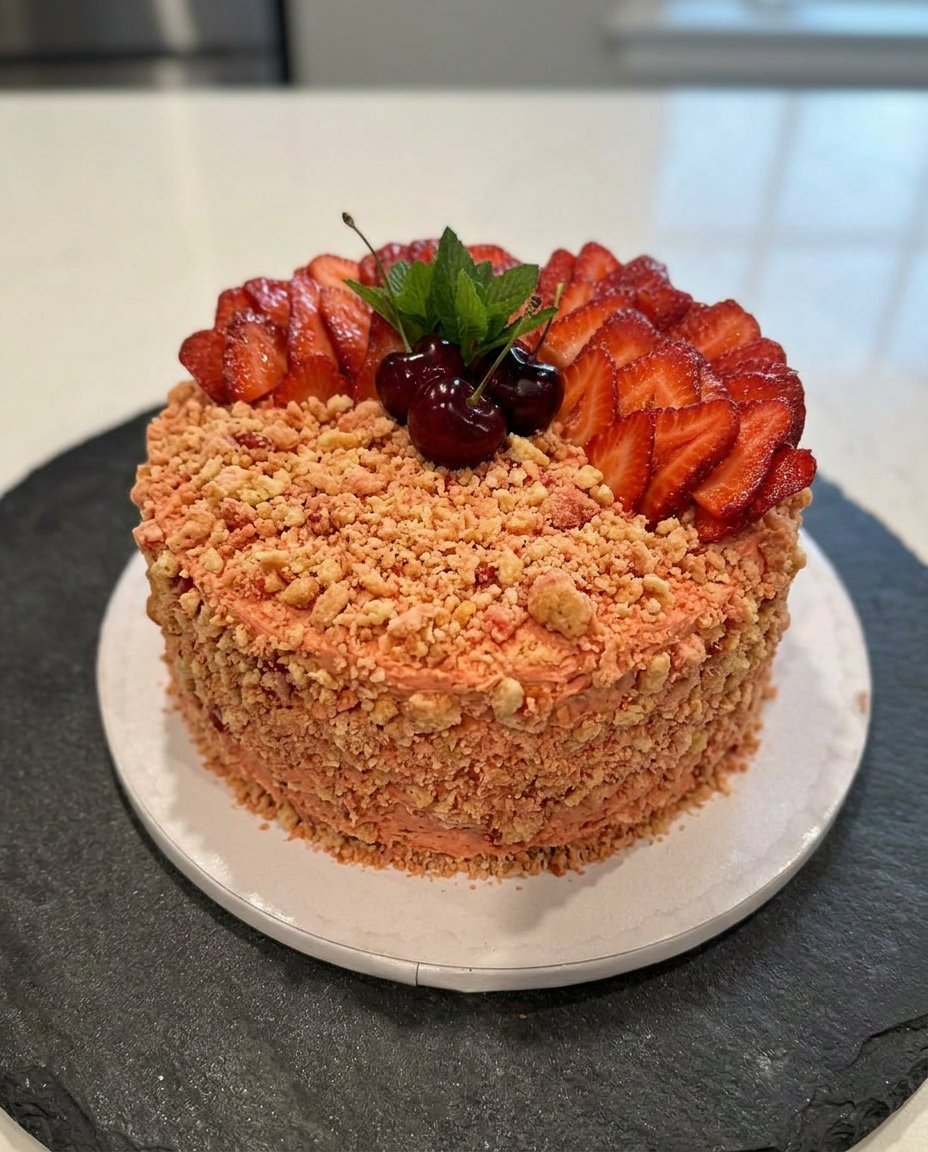 Ingredients for strawberry crunch cake including white cake mix, strawberry gelatin, and golden oreos