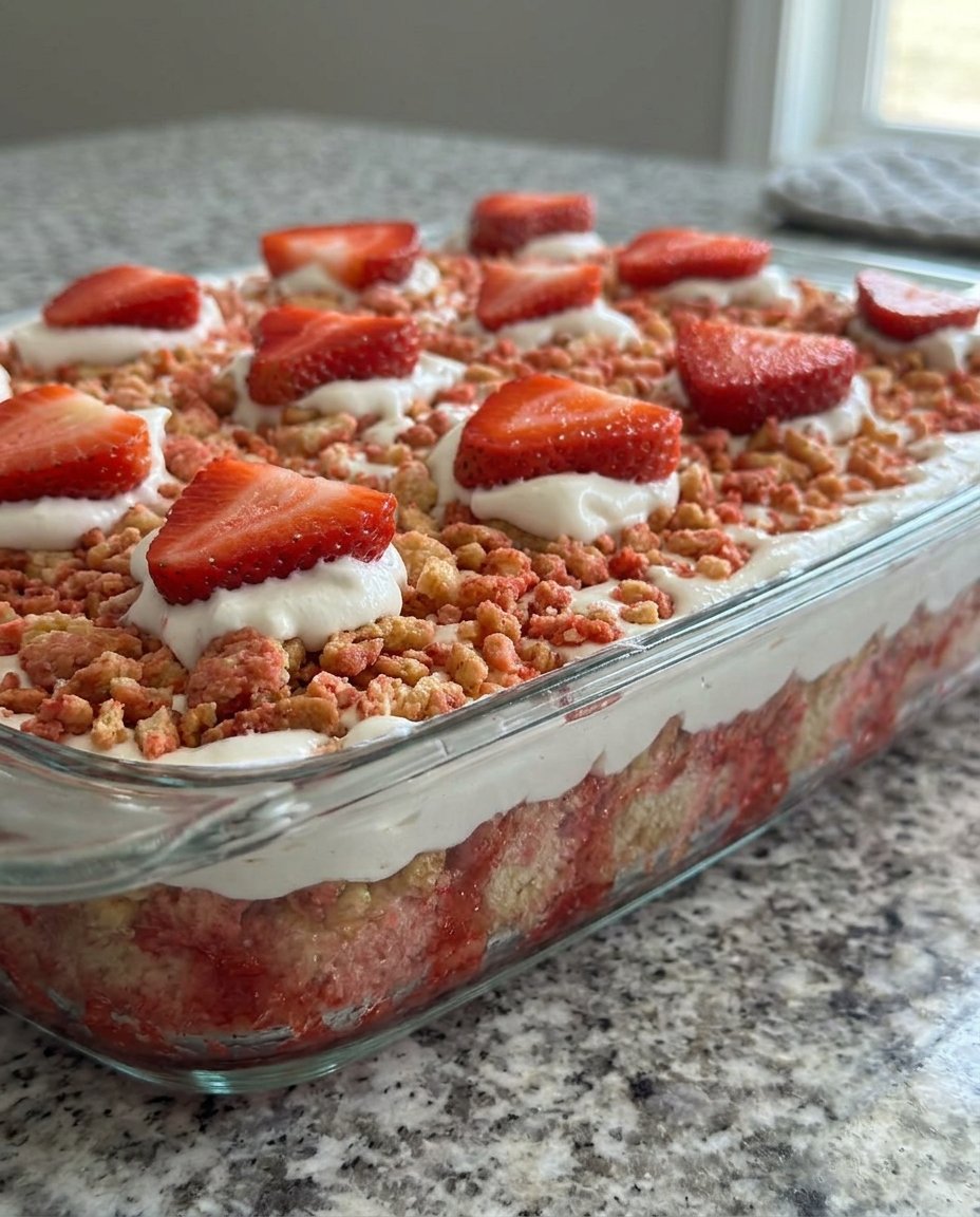 A slice of strawberry poke cake topped with whipped cream and fresh berries