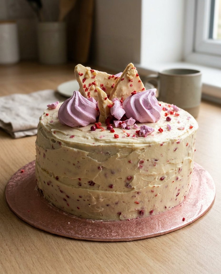 A beautiful strawberry prosecco cake decorated with fresh strawberries