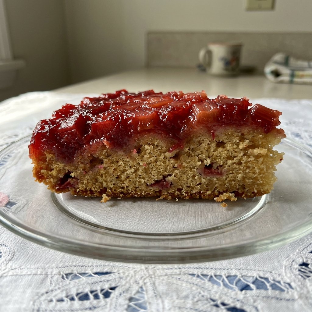 A fresh strawberry rhubarb cake sitting on a kitchen counter