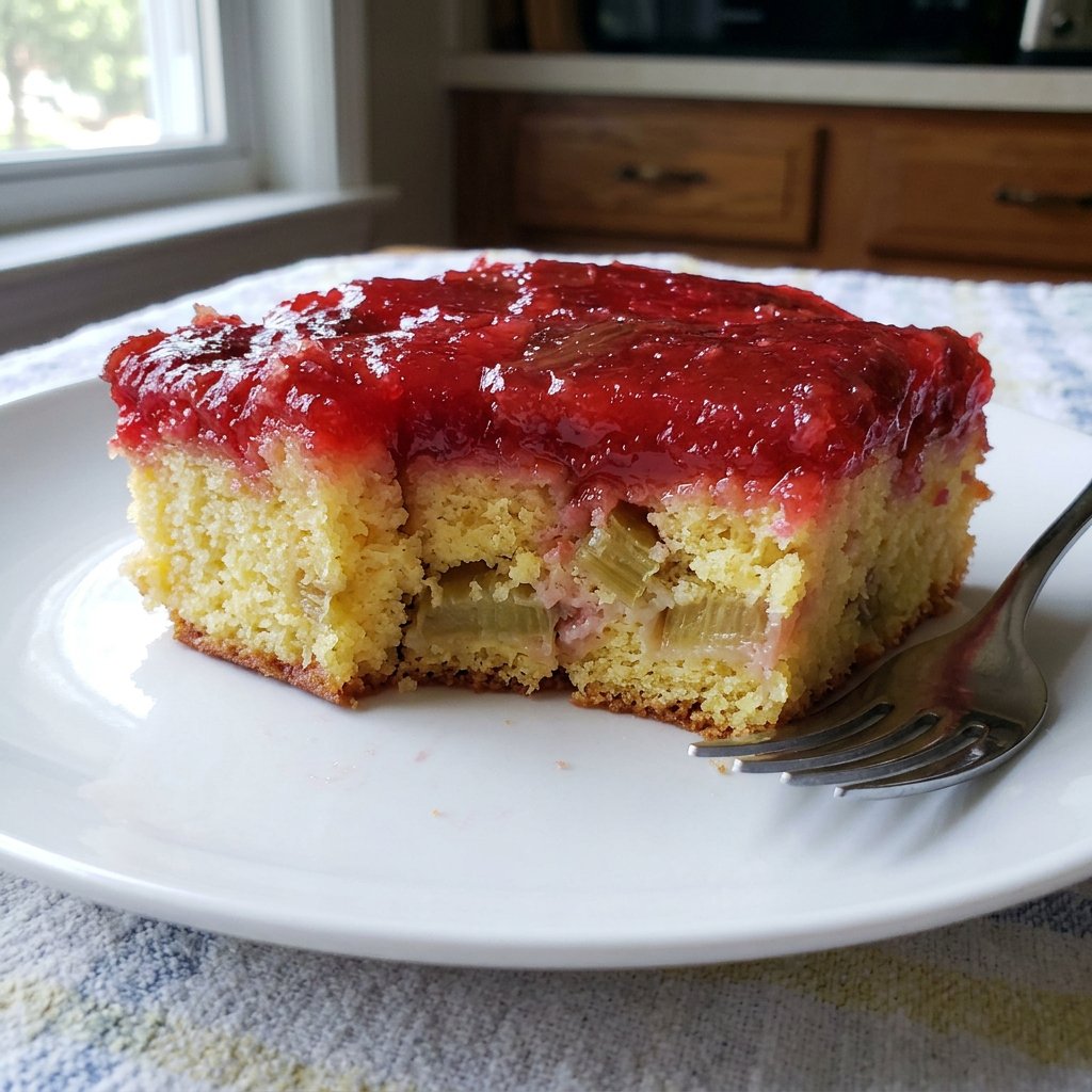 A slice of strawberry rhubarb cake with a scoop of ice cream