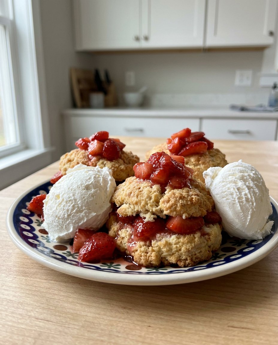 Ingredients for strawberry shortcake spread on a kitchen counter