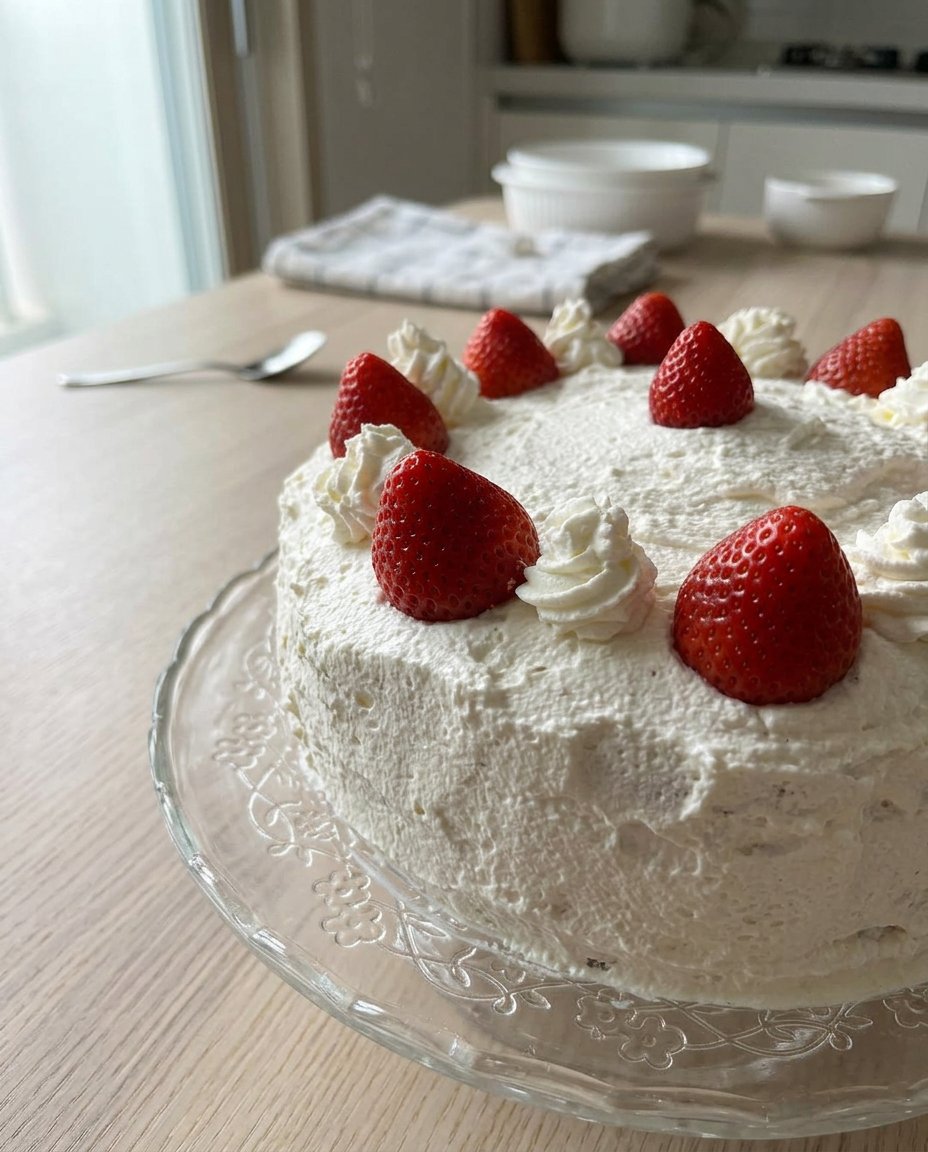 A beautiful two layer strawberry vanilla cake with white yogurt frosting on a cake stand