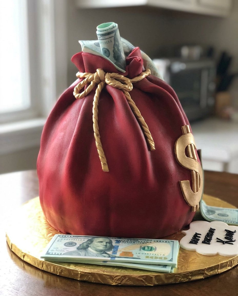 A chocolate cake with a string of money being pulled out from the center
