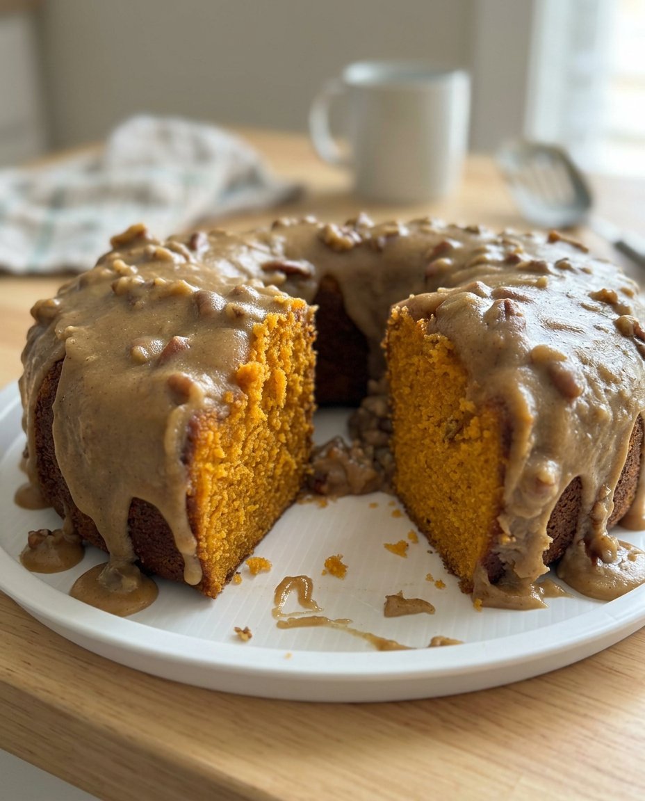 Sweet Potato Cake 14 A slice of sweet potato cake on a white plate with whipped cream.