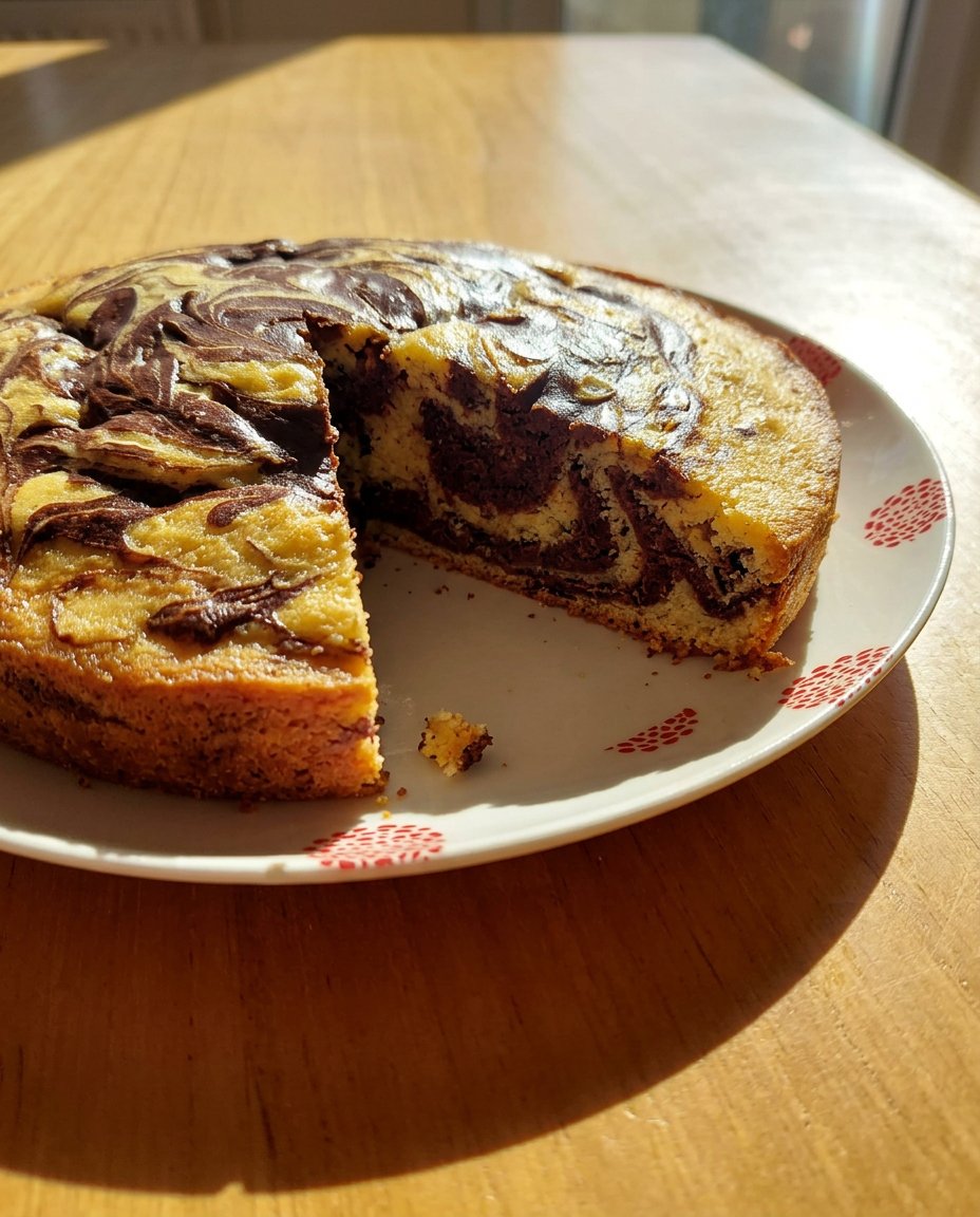 Marvel Cake 13 Close up of chocolate and vanilla batter being swirled in a pan