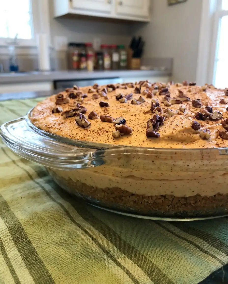 A single slice of pumpkin cake showing all three layers clearly