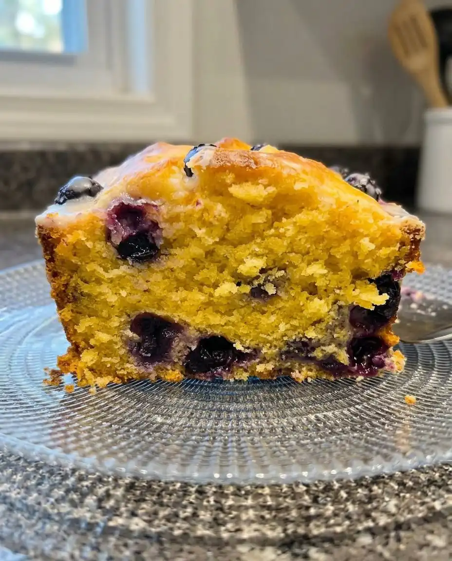 Fresh blueberries being tossed with a spoonful of flour in a glass bowl