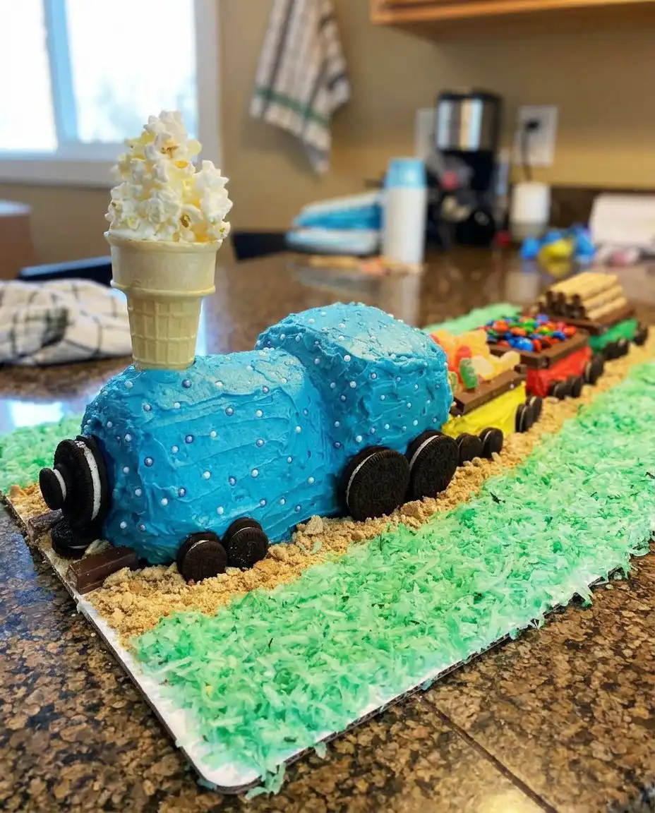 Basic ingredients like flour sugar and gel food coloring for a train cake