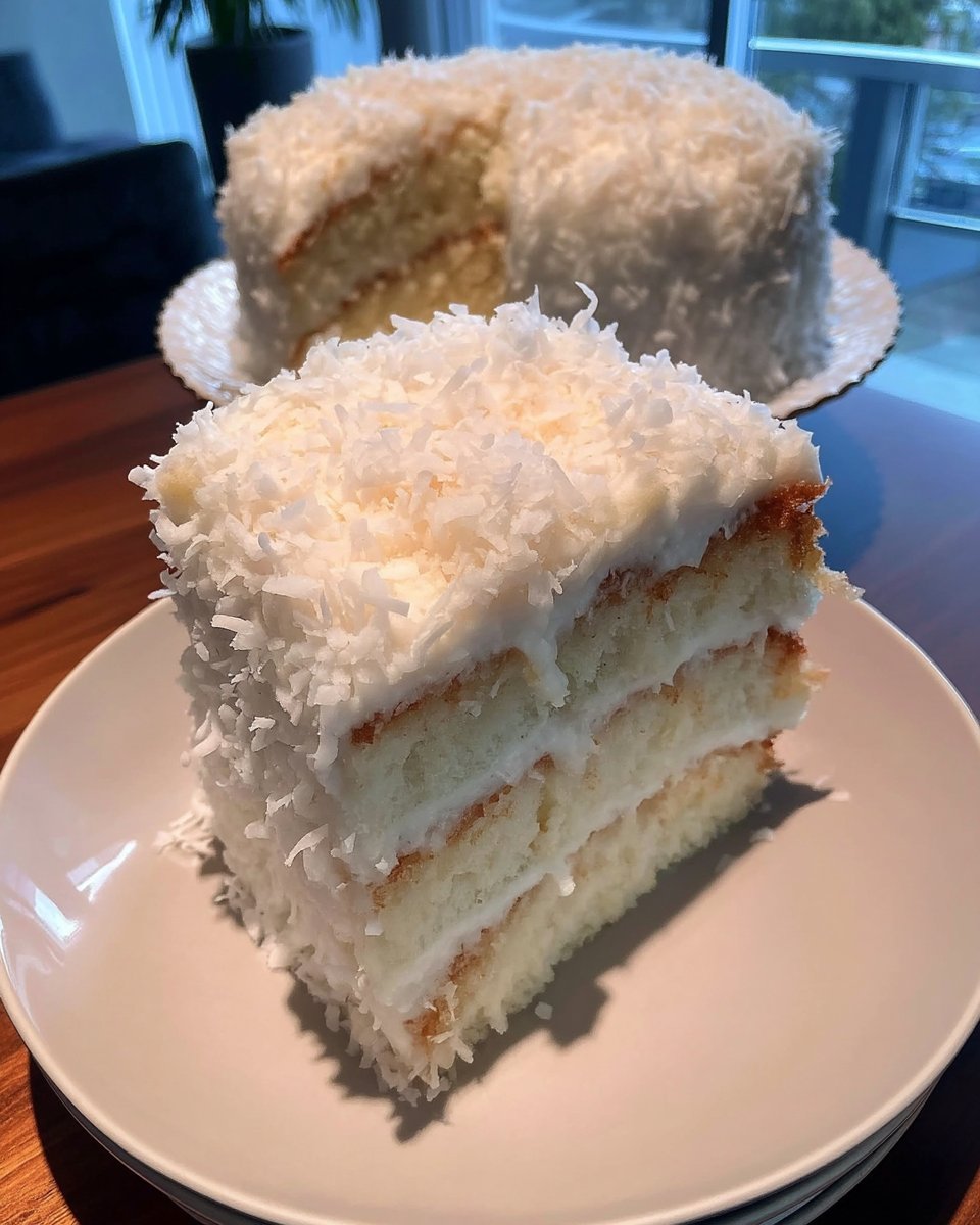 Three layers of fluffy coconut cake with white frosting and shredded coconut