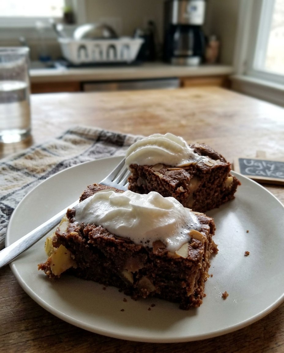 A slice of ugly cake on a white plate with a fork and a dusting of powdered sugar.