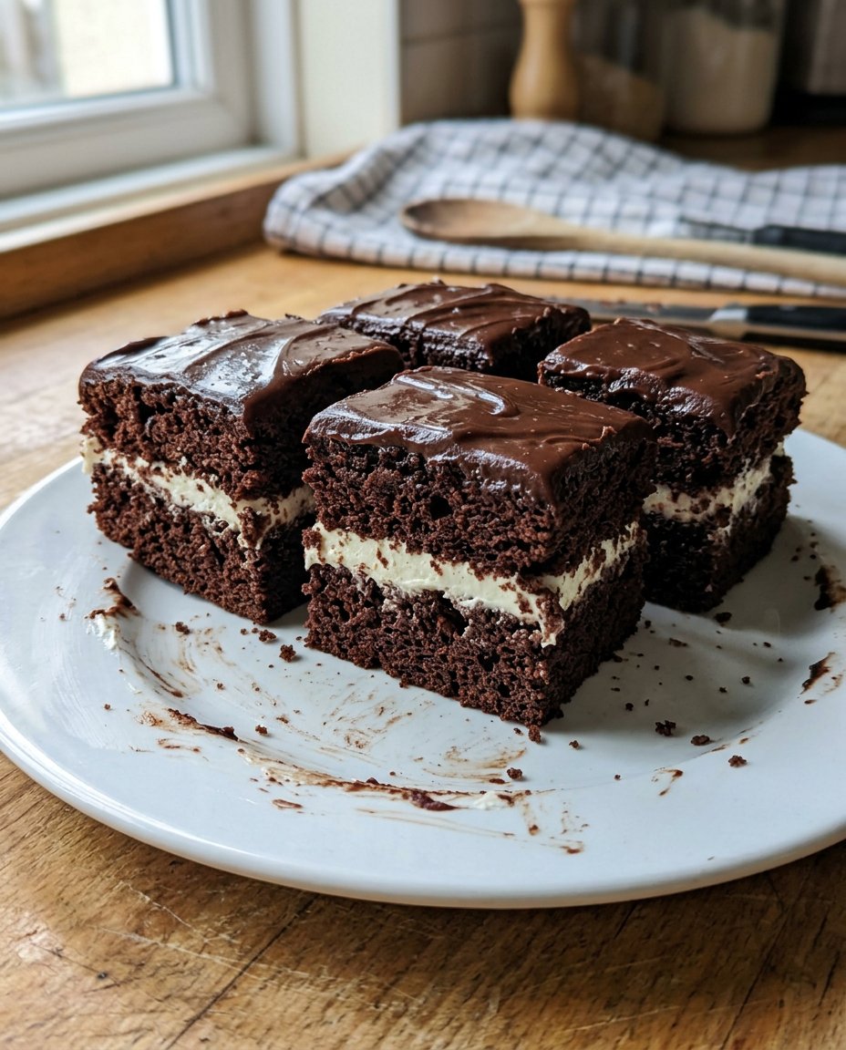 A moist chocolate square cake with rich frosting and chocolate curls