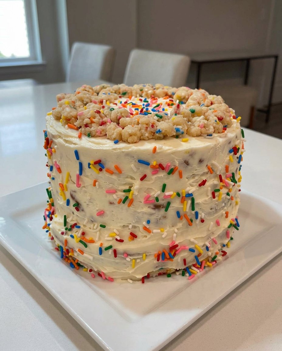 Two fluffy funfetti cake layers showing colorful sprinkles inside