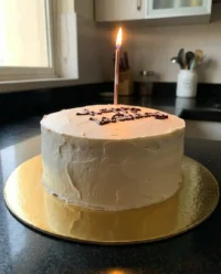 A smooth white minimalist cake with a single sprig of greenery