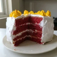 A three layer red cake with thick white cream cheese frosting on a marble stand