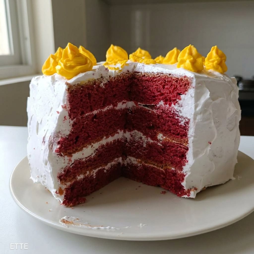 A three layer red cake with thick white cream cheese frosting on a marble stand