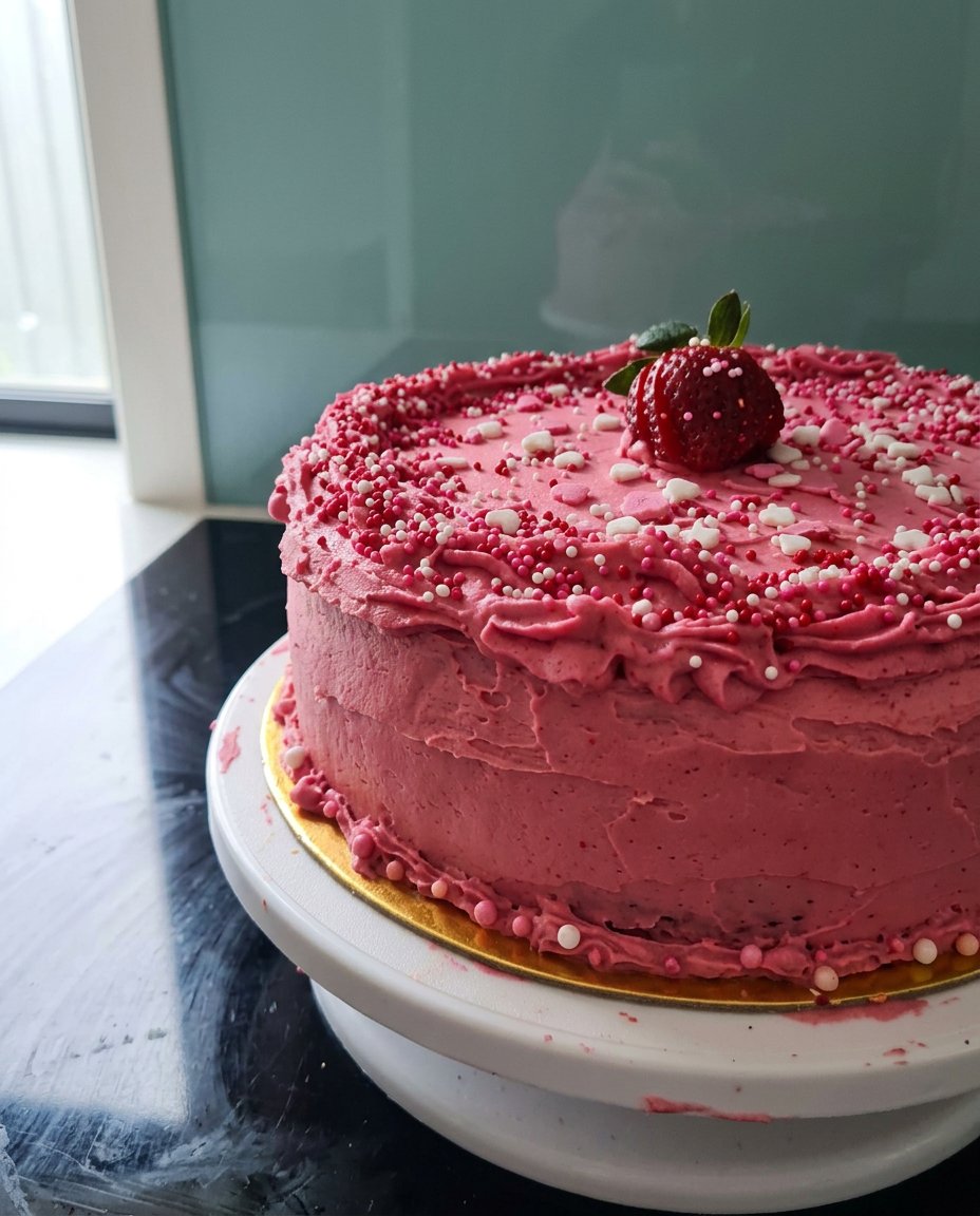 A freshly baked strawberry yogurt cake with halved strawberries on top and a dusting of powdered sugar.