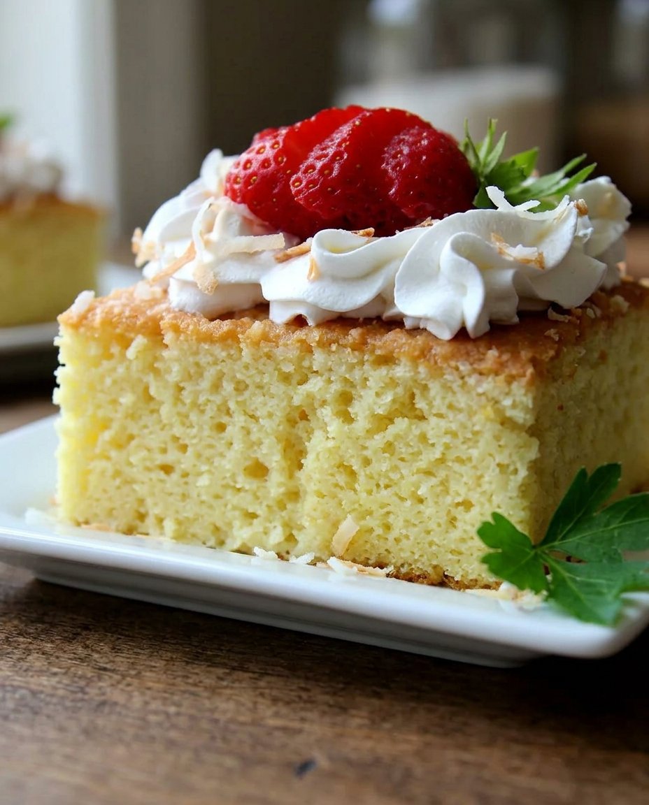 A close up of a sliced strawberry tres leches cake with red velvet liqueur soak and whipped cream topping.
