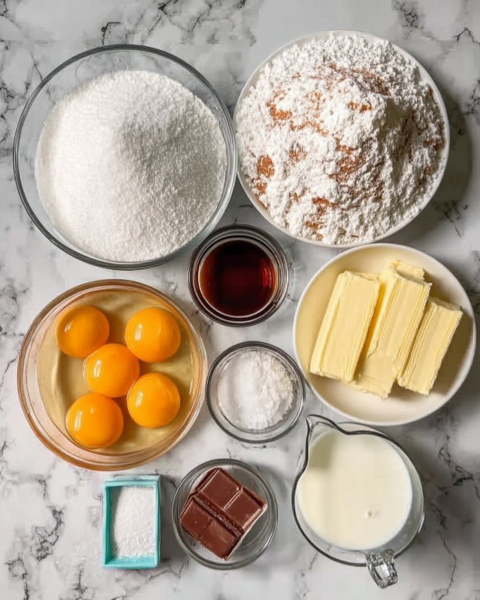 Ingredients for yellow cake including cake flour buttermilk and egg yolks on a marble counter