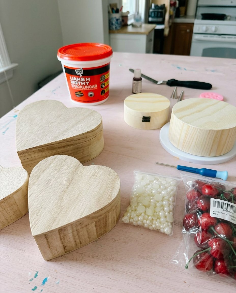Store-bought sponge cakes, strawberry frosting, and pink wafers on a kitchen counter