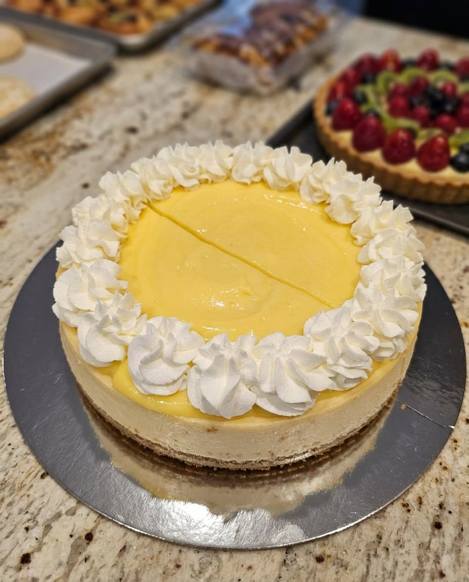 A beautiful whole lemon cheesecake topped with yellow lemon curd and whipped cream swirls