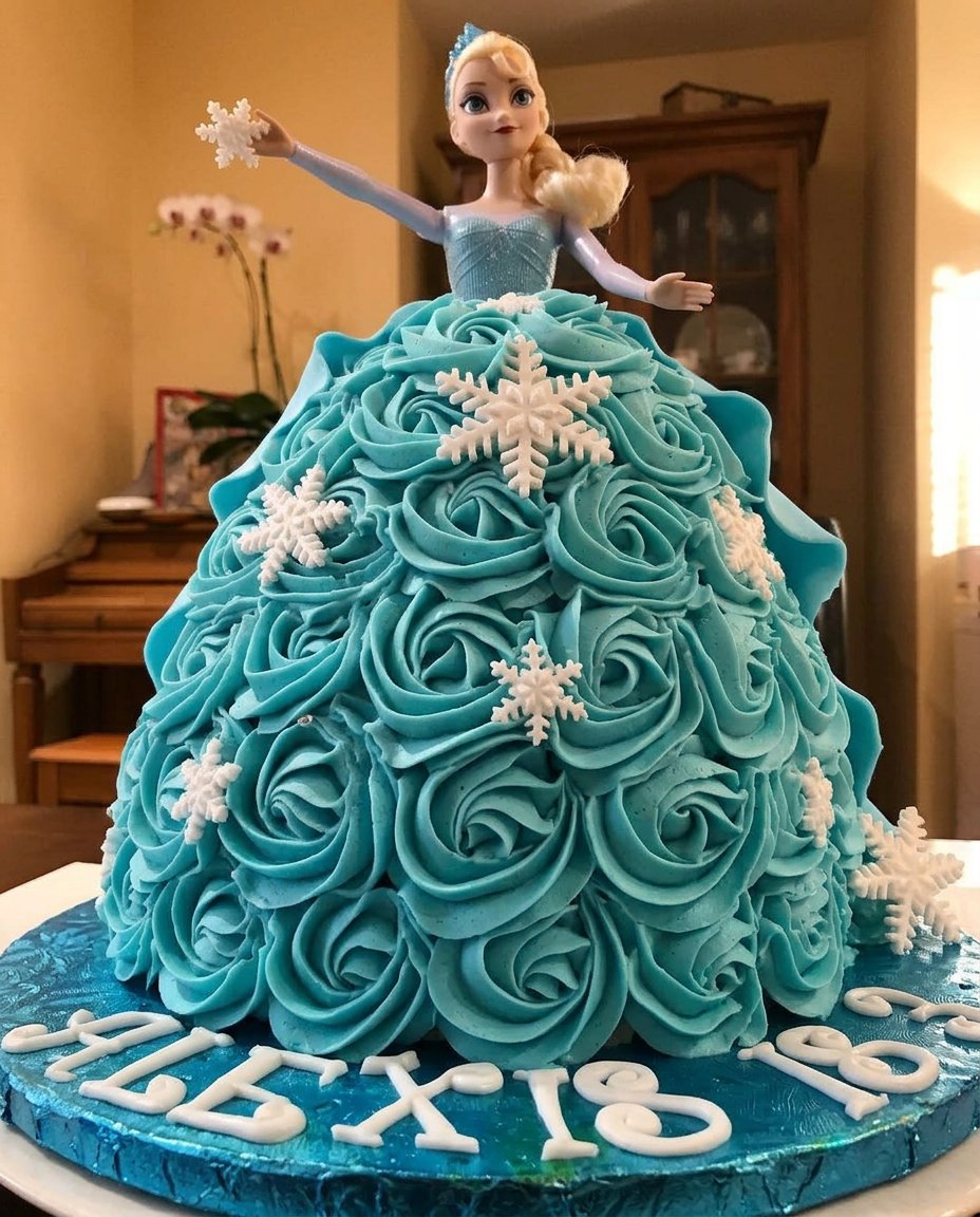 Hands applying blue icing to a rounded cake