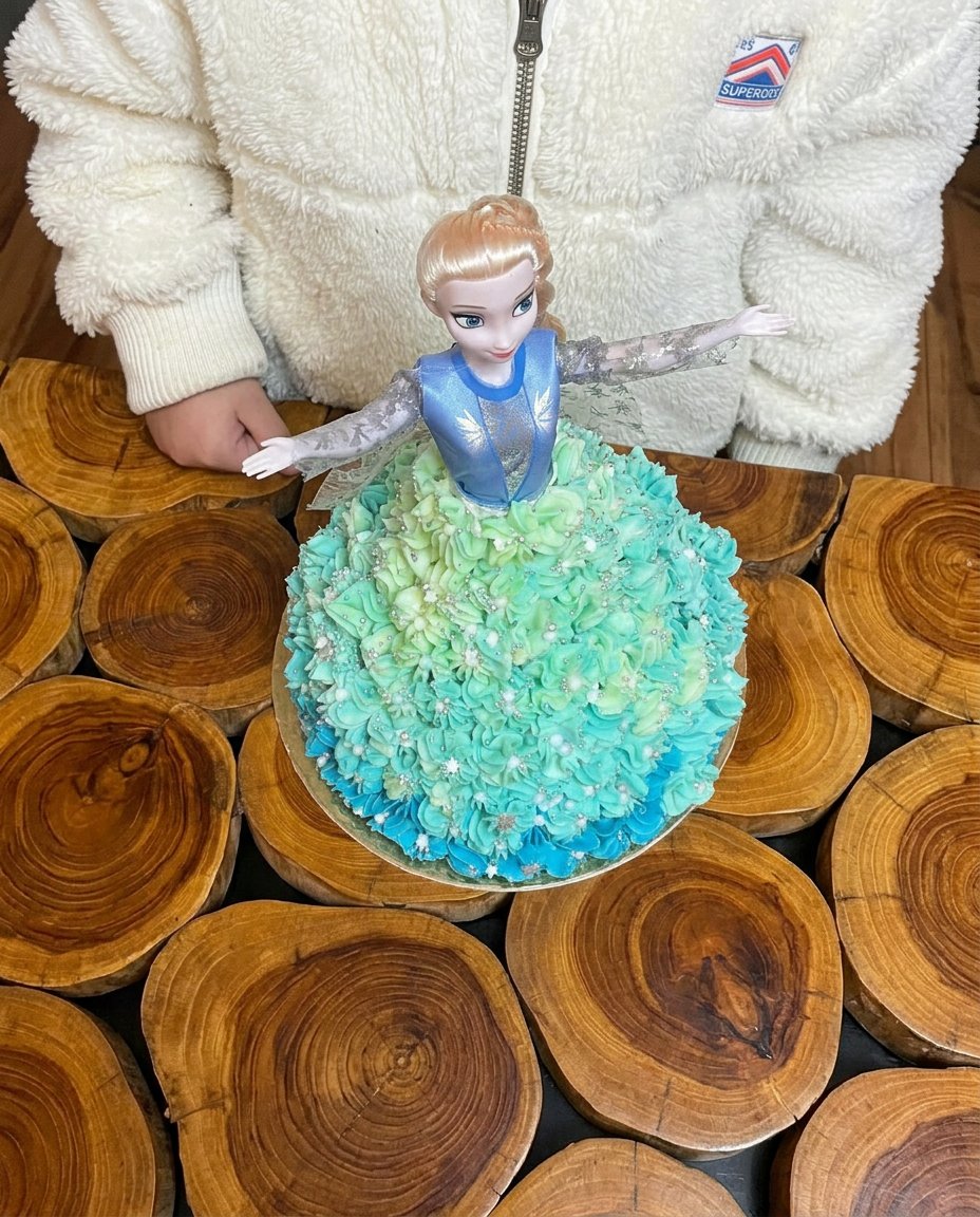 A slice of blue elsa cake on a white plate