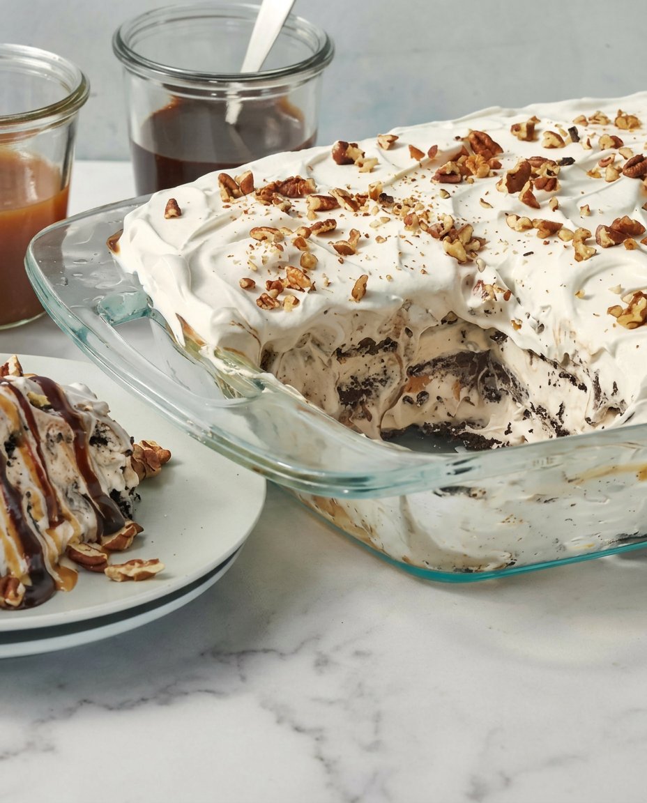 Ice Cream Sandwich Cake 14 A single slice of ice cream sandwich cake on a white plate with a fork
