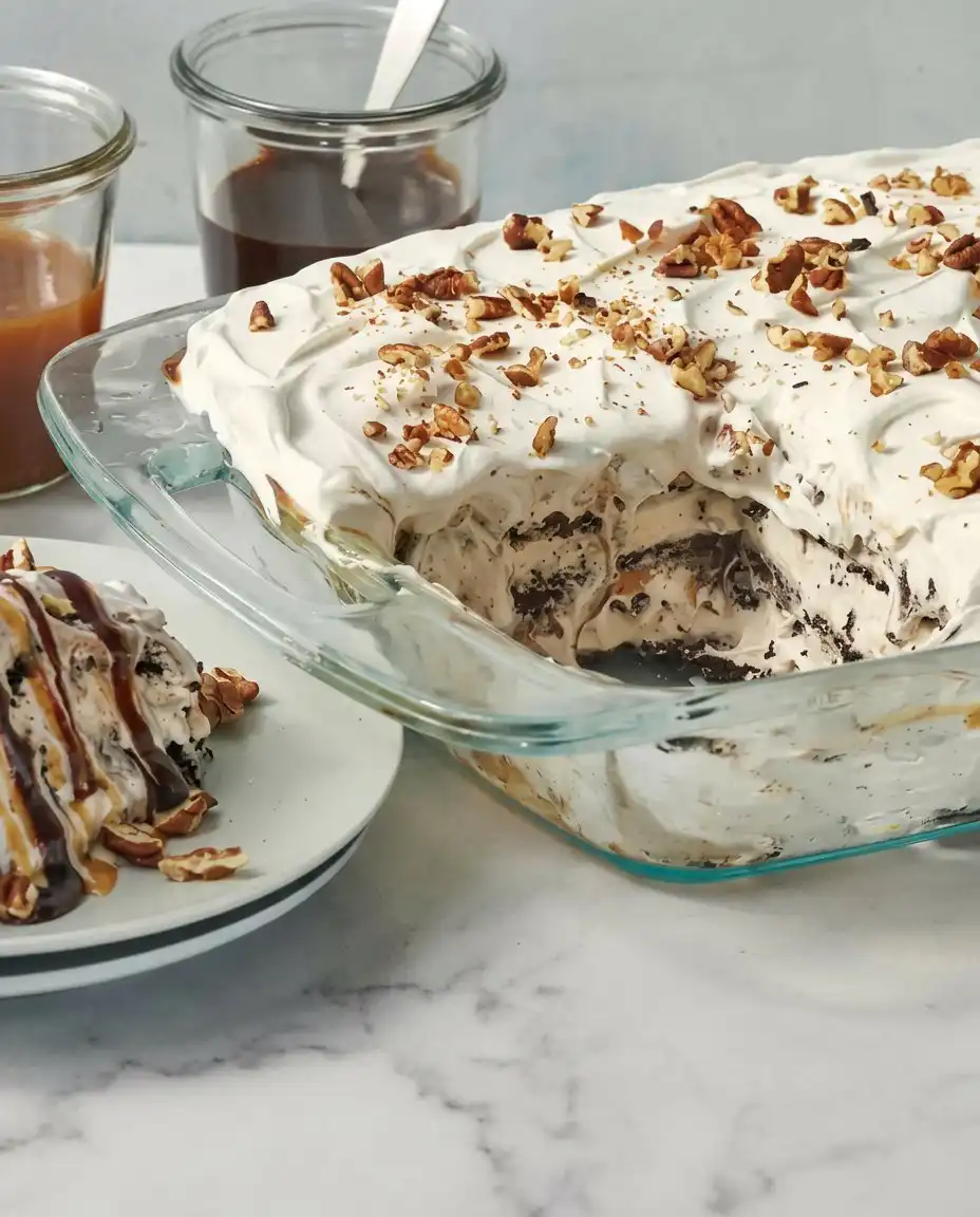 A single slice of ice cream sandwich cake on a white plate with a fork