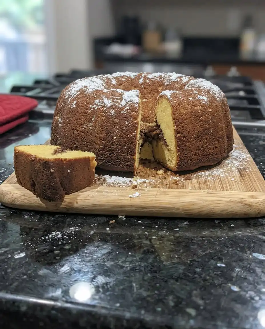 Drizzling sweet vanilla milk glaze over a whole baked bundt cake on a wire rack