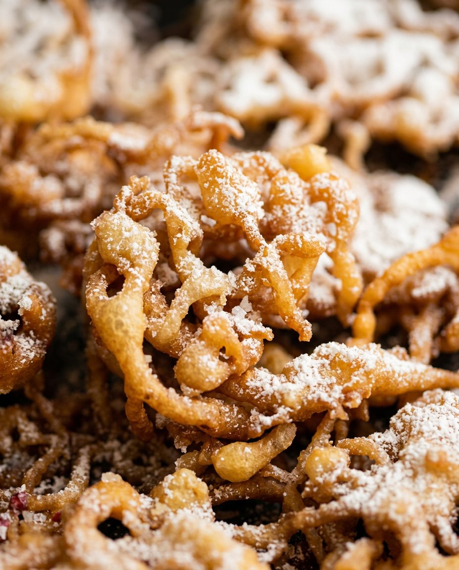 A close up of a funnel cake frying in a pan of hot oil reaching golden brown perfection
