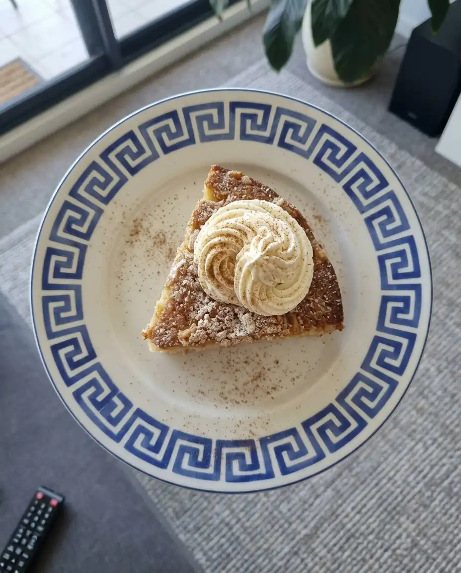 A slice of apple cake showing chunks of apple inside