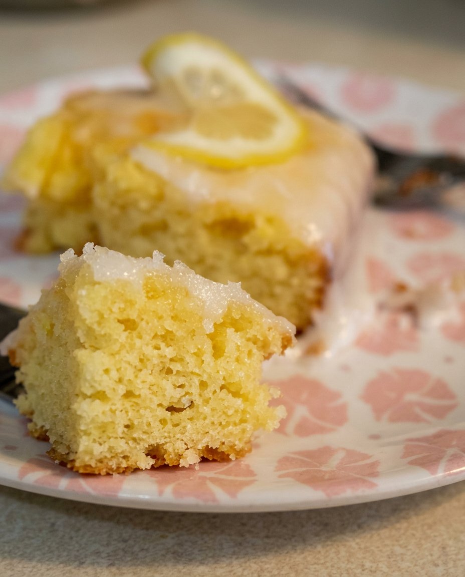Using a fork to poke holes in a warm baked lemon cake
