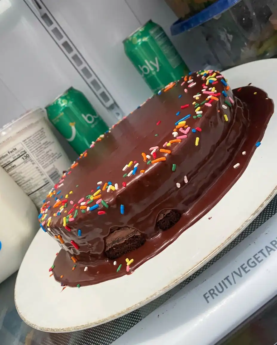 Warm liquid chocolate ganache being poured over the top of a round chocolate cake