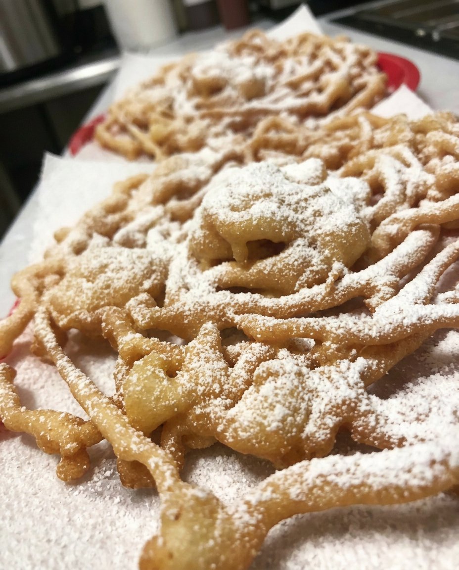 A fresh funnel cake being dusted with powdered sugar from a sifter