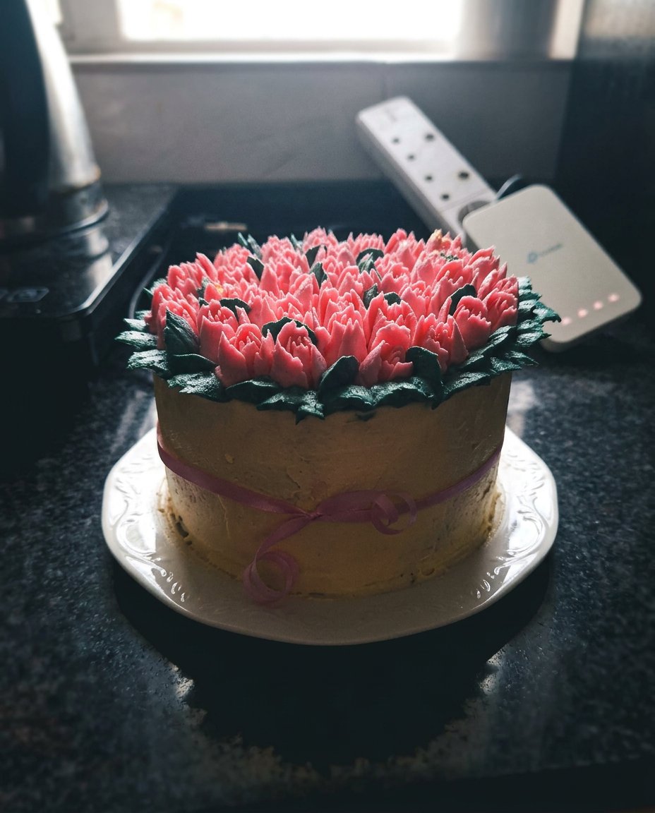 A slice of tulip cake on a white plate with floral decorations