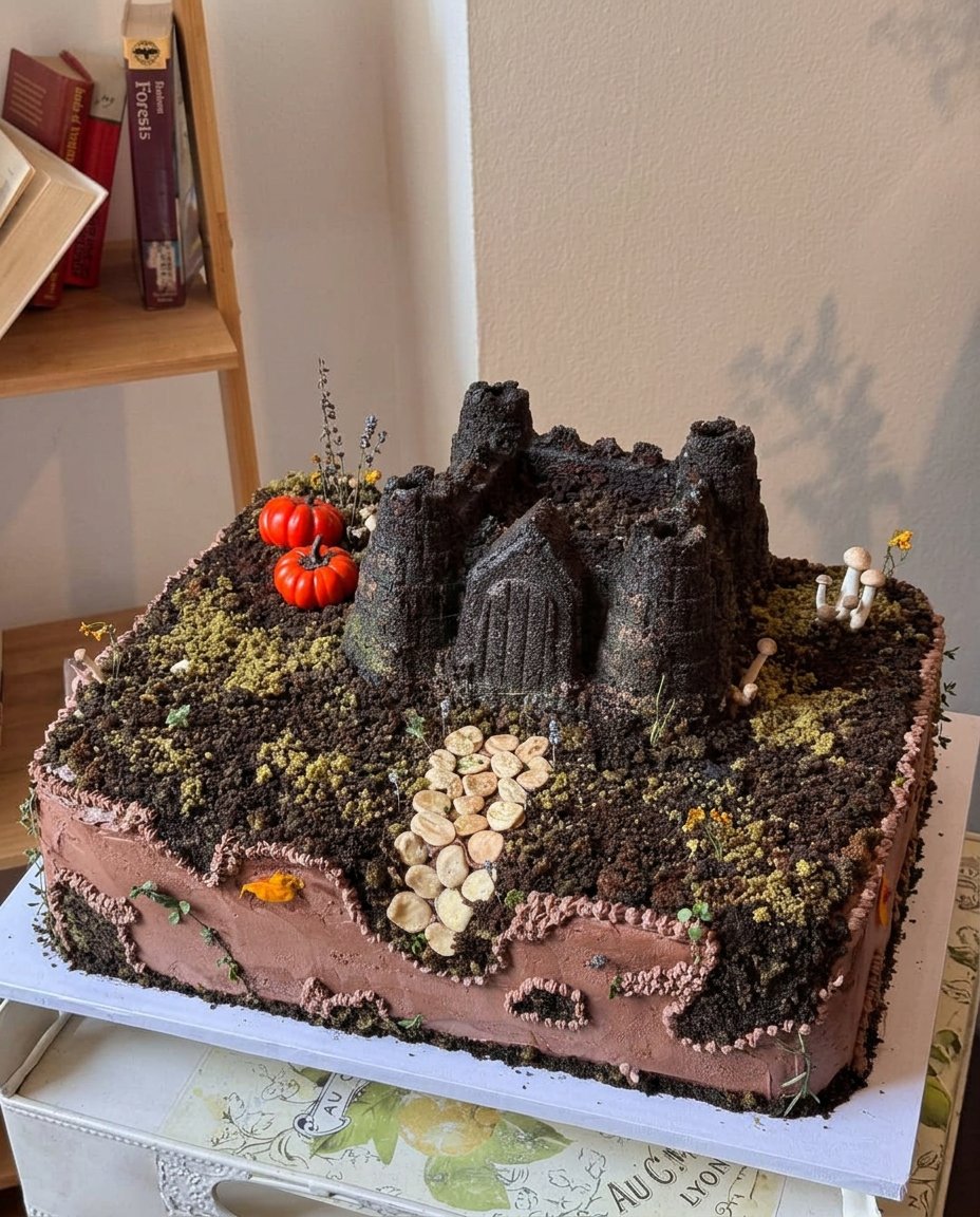 A slice of castle cake served on a plate with edible flowers and green coconut grass.