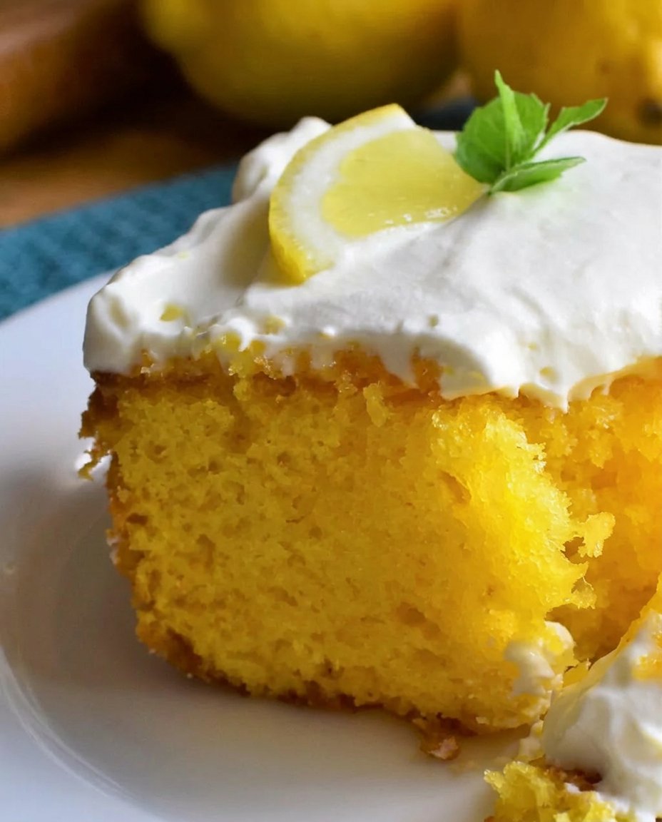 A slice of lemon poke cake served on a casual plate with berries and whipped cream