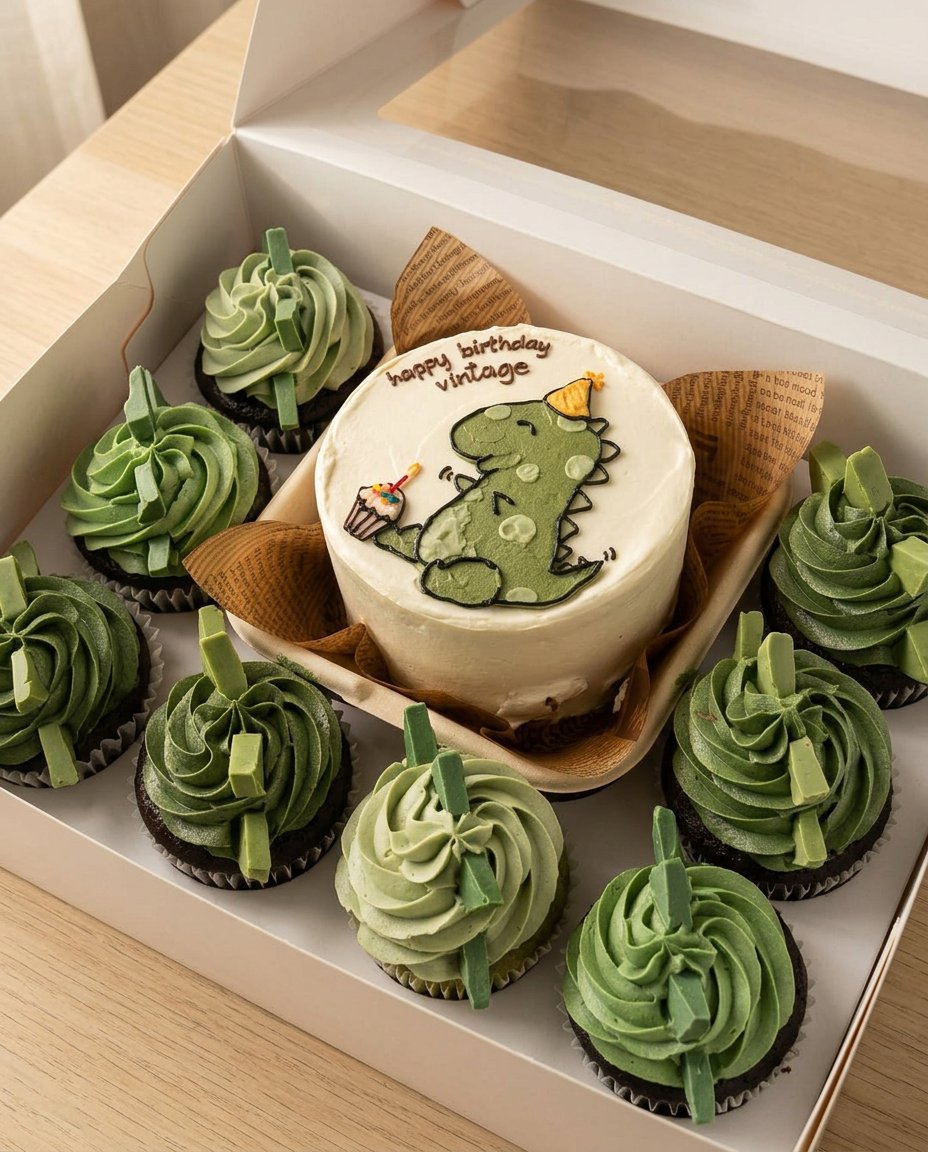 A bento cake served with a wooden fork on a wooden table